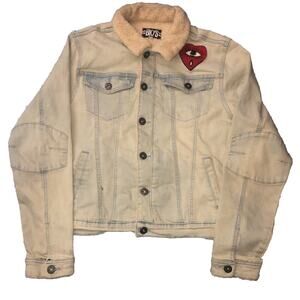 BKYS Sherpa Lined Distressed Patches Dirty Wash Jean Jacket Large